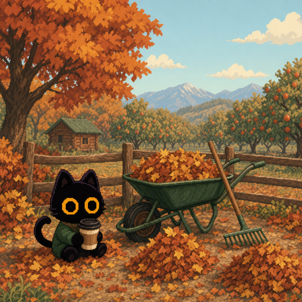 Fall Kitty in a green sweater holding a coffee cup beside a wheelbarrow full of leaves and a resting rake